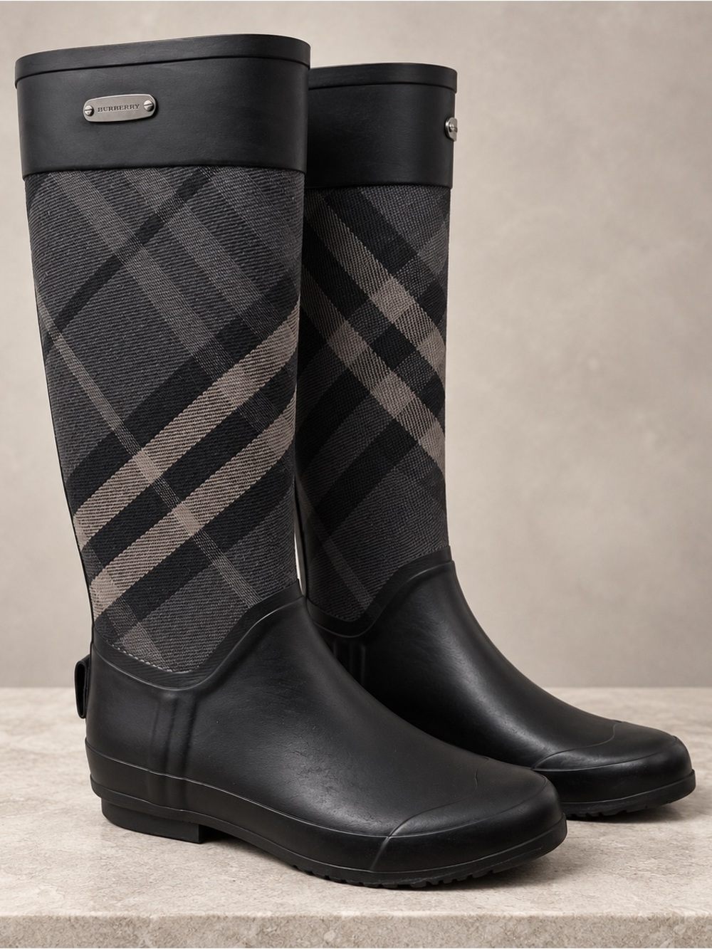 Authentic Burberry House Check Tall Rain Boots Black EU 37